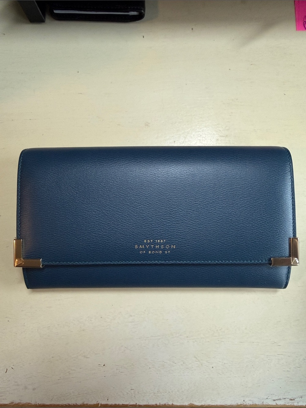 Smythson Deep Blue Leather Clasp Continental Wallet
